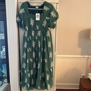 Green Dress with White Floral Embroidery